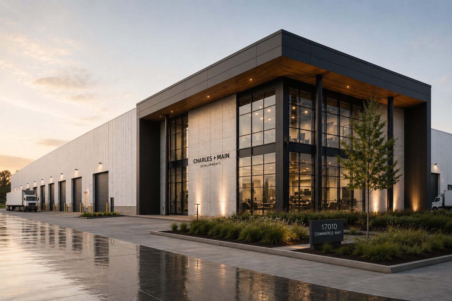 Charles + Main development entrance at dusk