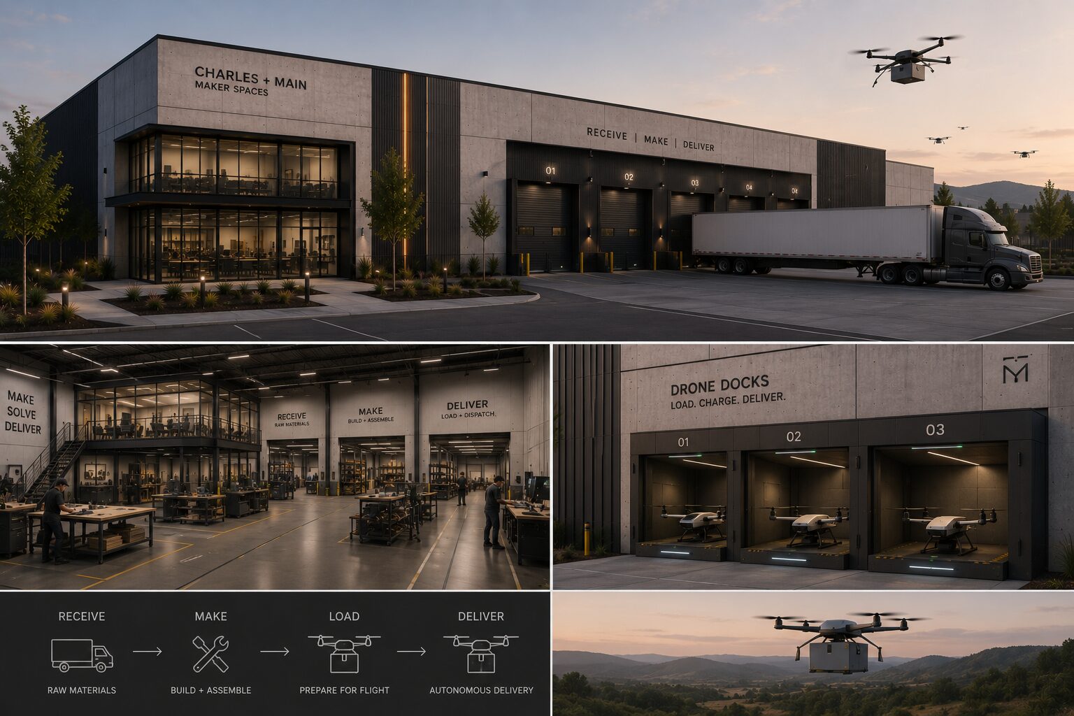 Charles + Main Maker Spaces concept with autonomous drone delivery docks