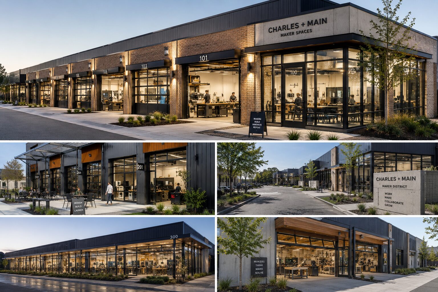 Maker district storefront row concept, multiple units