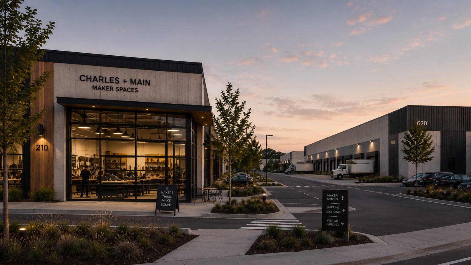 Maker district storefront concept at dusk