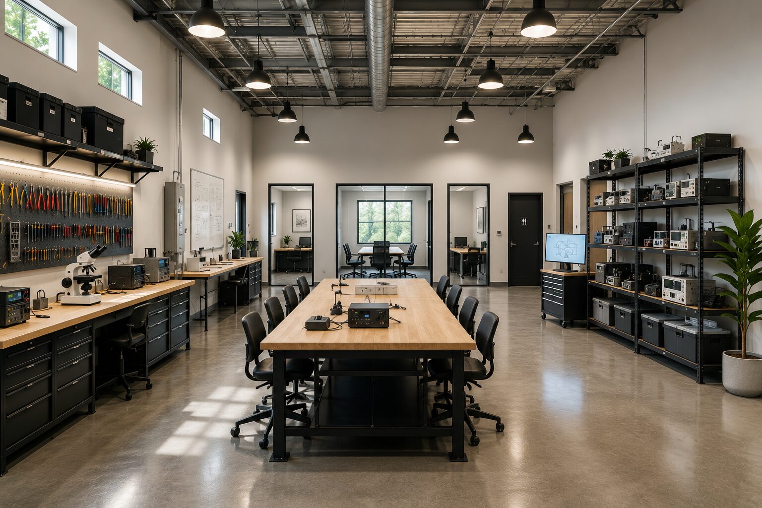 Maker workshop interior concept with communal workbenches